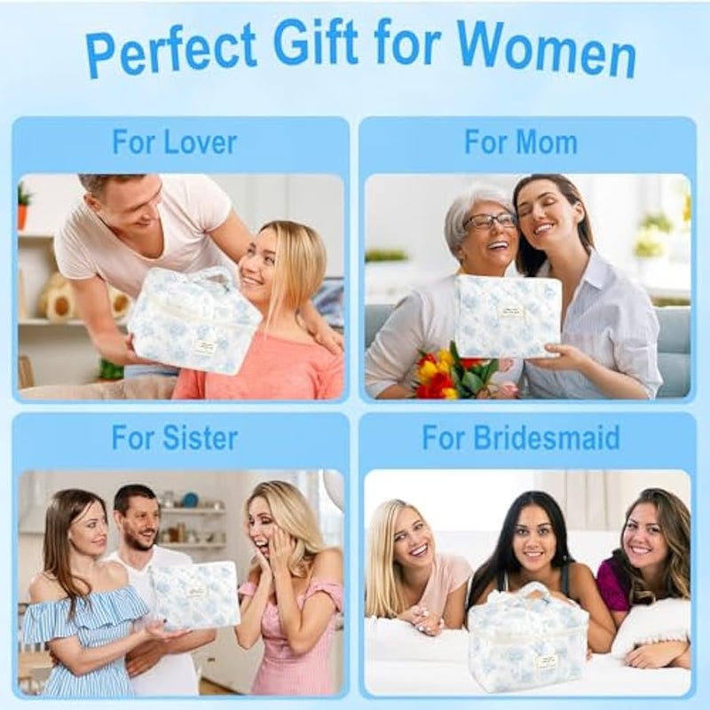 يورسكيتووس شنطة مكياج مبطنة بالقطن للنساء والفتيات من 3 قطع، شنط مستحضرات تجميل صغيرة للسفر بتصميم زهور لطيف، شنطة مكياج بسحاب للمحفظة من القماش الجمالي لتخزين الزهور ومنظم ادوات الزينة - Image 5